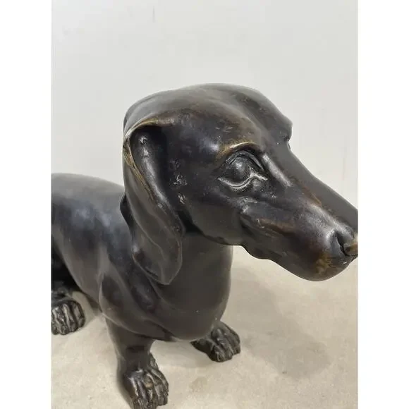 Dachshund Dog Sculpture Brass Metal Patina Life Size 16L 10H Seated Position